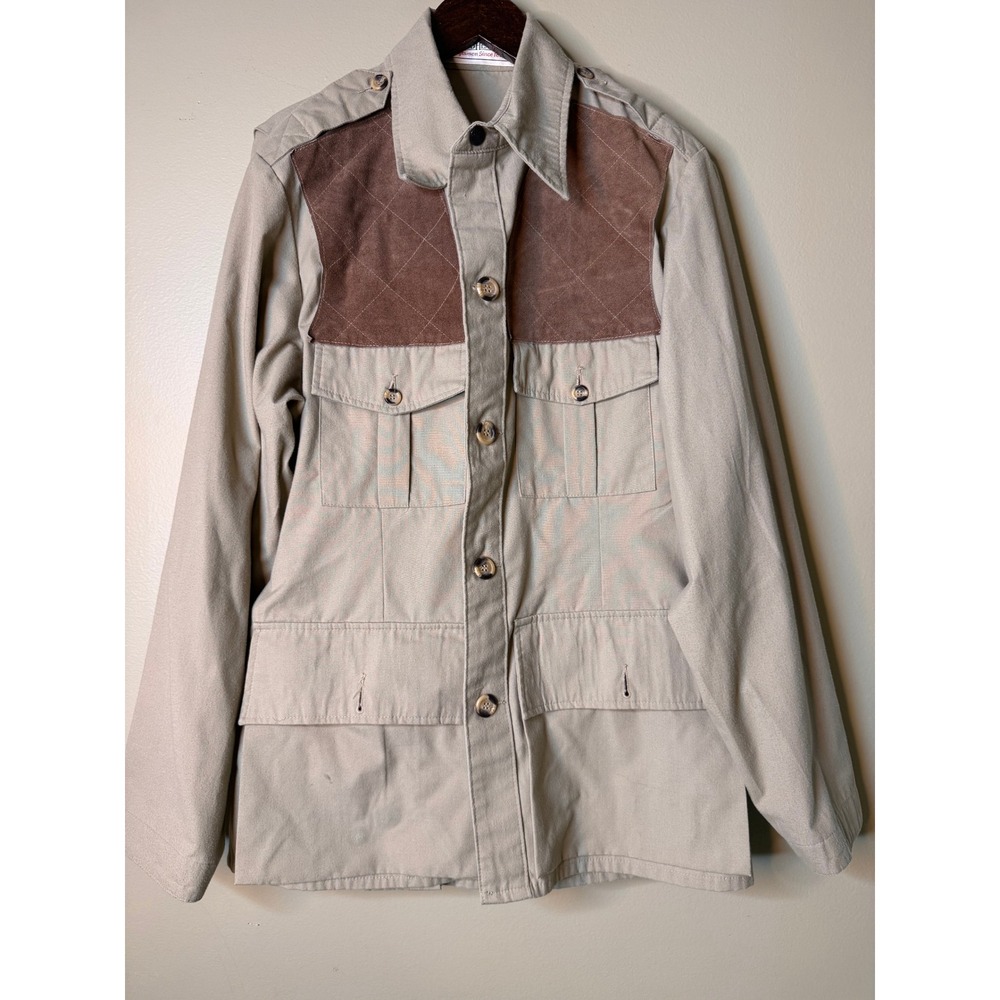 Vintage Men Tan Safari Field Jacket Leather Shooting Patches Belted WPL 12993